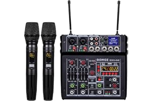 BOMGE 04E Karaoke-Audio-Mixer, 4-Kanal-Mixer mit kabellosem Dual-UHF-Mikrofon, Soundboard-Konsole, MP3, Bluetooth, 48 V, Phantomspeisung, USB-Audio-Schnittstelle, DJ-Mixing für Party, Computer,