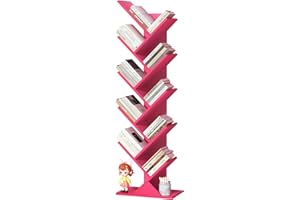 LELELINKY libreria a forma di albero, scaffale verticale a 10 livelli per libri/CD/riviste, libreria DVD in legno, per soggiorno, camera da letto e ufficio, colore rosa