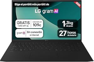 LG gram 15ZD80T-G.AX55B Portátil 15", FreeOS, AMD Ryzen AI 5, 16 GB RAM, 512GB SSD, AMD Radeon Graphics 860M, Pantalla IPS (1920x1080), Ligero, 1.290 g, 27 Horas, AI, Negro