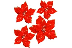XYJIE 12pcs Paillettes Mariage Artificiel Fleurs de Noël Paillettes Ornements d'arbre de Noël Poinsettia diamètre 5,3 Pouces (Rouge)