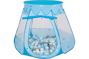Selonis Tente 105X90cm/100 Balles Château avec Les Balles Plastiques Piscine À Balles pour Enfants, Bleu: Perle-Gris-Transparent-Babyblue-Menthe