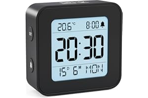 LATEC Alarm Clock Bedside Battery Powered LCD Digital Clock with Date & Day, Snooze, Temperature, 12/24H, Backlight, 3 Volumes, Silent Travel Small Clock for Heavy Sleepers Included Battery Black