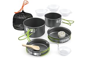 Lixada Camping Batterie de Cuisine Mess Ensemble Plein air Portable Pliant Bois Hot Pot Ensemble Bol cuillère Fourchette Outil coutellerie Ensemble 10/12/13 Pcs（Facultatif）