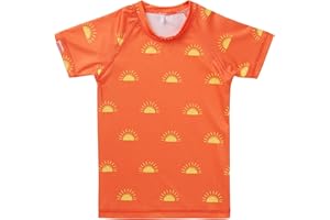 Grass & Air Kids Sun Print Rash Vest, UPF50+ Unisex Kids Rash Vest, Baby, Toddler, Childrens Swimwear, Recycled Orange Short Sleeve UV Rash Vest