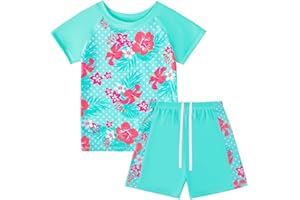 BOVOSHA Girls Swimwear Set Kids Mermaid Bathing Suit Girl Swimsuit Rash Guard Floral Swim Shirt ＋ Swim Shorts Set