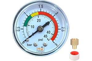 MK MEASURING – Manomètre de Filtre Piscine 0-3 Bar / 45 PSI, Raccord Laiton 1/4" BSP, Cadran 2", Pour Filtre à Sable – Avec Téflon et Adaptateur 1/8"