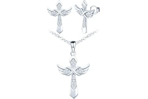 INFINIONLY Collar Pendientes para mujer, Juegos de joyas de plata 925, collar pendientes de cruz y de alas elegantes, circón con incrustaciones, juegos de joyas para mujer niña, plateado