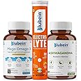 Blubein Fitness Combo|Mega Omega 3 Fish oil Capsules 60N|Ashwagandha with 5% withanolides 60N | Electrolyte for Instant Energy 20N