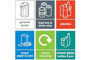 K Smart Sign | Mixed Pack of 6 Multi Recycling Stickers for indoor and outdoor Bins (A6-100 x 150mm) Waterproof Recycling Stickers Waste, Food, Plastics, Mixed paper and Card, Mixed Glass and General