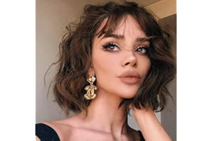 JUZIVIEE Perücke Braun mit Pony für Damen kurz Bob lockige Gewellte Perücken Synthetische Perucken für Mädchen Natürlich Kostüm Wig (ca.27cm) VD069C