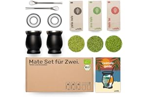 CAÁMATE. Mate Tee Set Bio ● 3 Matesorten + 2 doppelwandige Edelstahl Matebecher + 2 Bombillas + Zubereitungsanleitung (schwarz)