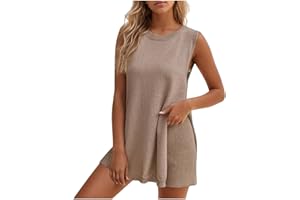 NSICBMNO Co Ord Sets For Women Summer Two Piece Outfit Ribbed Knit Loungewear Long Sleeveless Tunic Tops Running Shorts Y2K Tracksuit 2 Piece Lounge Set Pyjamas For Holiday Beach Streetwear