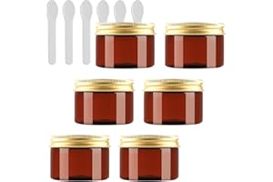 PQPAUTY 6 Pièces Vides Petit 150 ml Marron Cosmétique Pot en Plastique avec Couvercle Or 150 g Pots de Cosmétique Crème de Bouteille Contenant avec 6x Spatules