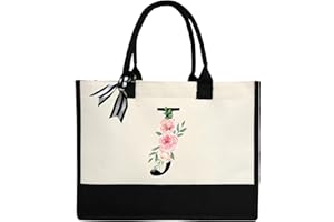 ZHONYEE Personalized Initial Canvas Tote Bag for Women,Monogrammed Gift Tote Bag Waterproof Lining Inside for Wedding, Birthday, Holiday, Teacher