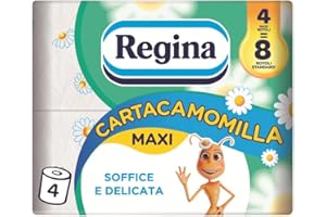 Regina Cartacamomilla - 4 Rotoli di Carta Igienica, 300 Soffici Fogli a 3 Veli, Delicata e Consistente, Profumo di Camomilla, Confezione in Carta Riciclabile, 100% Certificata FSC