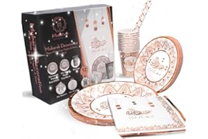 SHOPPERVAL EID MUBARAK Décoration – Kit Vaisselle Jetable – 60 PCS – 12x Grande Assiette, Moyen Plat, Gobelets, Pailles et Serviettes (ROSE GOLD)