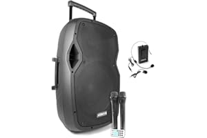 Vonyx AP1500PA 15-Inch Portable PA Speaker with Wireless UHF Microphones, Battery Powered Sound System Ideal for Outdoor Events, Gatherings & Performances