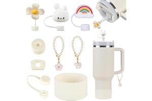 Yuecda 9 sztuk akcesoriów Stanley Cup, w tym silikonowe etui ochronne, szczelny zestaw zatyczek, pokrywka słomki, wisząca biżuteria, odpowiednie do kubków Stanley 1,2 l i 850 ml (Cream Tonal)