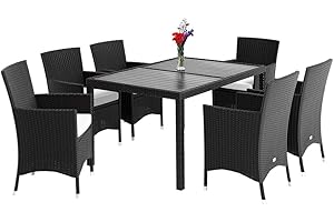 Casaria® Polyrattan Gartenmöbel Set 13- teilig Stühle stapelbar inkl. 7 cm Auflagen WPC Gartentisch Terrasse Balkon Möbel Sitzgruppe Essgruppe Schwarz