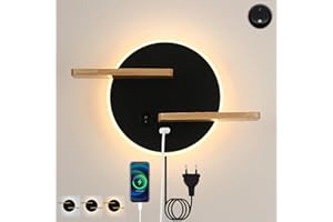 KZT Applique Murale avec Prise et Interrupteur LED 9W Lampe De Chevet avec port de charge USB Lampe murale en Bois Liseuse avec plateau Pour Salon Chambre Bureau, 3000K Blanc Chaud, Noir