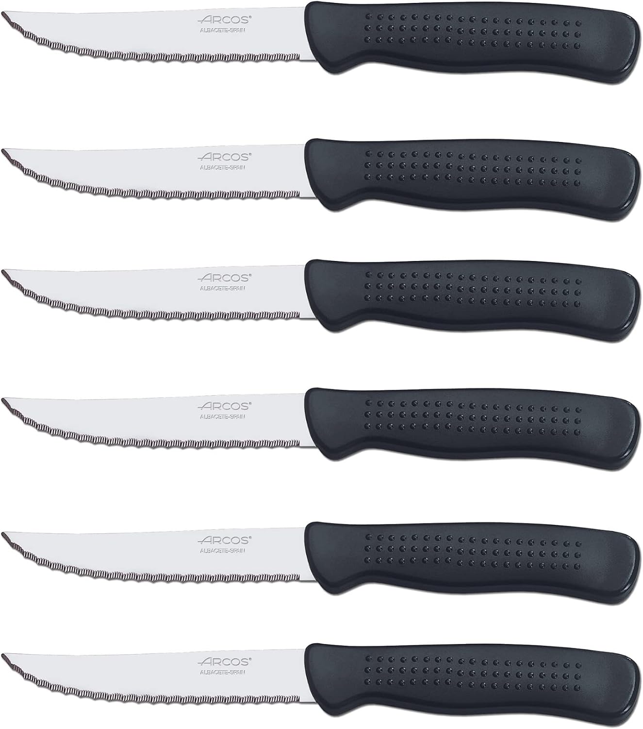 Arcos Serie Cuchillos de Mesa Chuleteros, Mango de Polipropileno, Apto para Lavavajillas, Negro, Hoja 110 mm, 6 Piezas (705500)