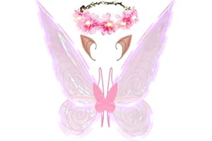 LOYO Fairy Wings, Light Up Sparkling Fairy Costume Wings for Adults Women Girls, Fairy Halloween Costume for Women with LED Light Fairy Crown Ears (pink)