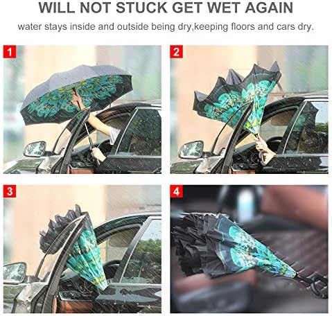 Windproof UV Protection Reverse Folding Double Layer Inverted Umbrella with C shape Handle, Self Standing, Inside Out , Hand Free, Best for Travelling and Car Use (Peacock Ling)