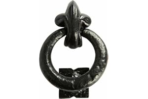 SISI UK Fleur De LYS - Battente ad anello in ghisa, ad anello nero tradizionale, in ferro nero, stile rustico, nero