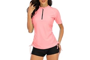 Halcurt UV Shirt Damen Kurzarm Rash Guard 1/4 Zip UPF 50+ Badeshirt Bademode Schnell Trocknender Schwimmshirt Tankini