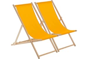 Harbour Housewares Folding Wooden Deck Chairs – Orange – Pack of 2 – Adults Traditional Foldable Reclining Outdoor Canvas Sun Lounger Chair Seat for Garden Patio, Beach, Camping