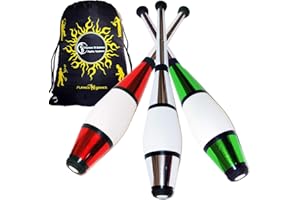 JUGGLE DREAM Euro PRO Jonglierkeulen 3er-Set (Grun/Silber/Rot) Jonglier Keulen Training Set + Flames N Games Reisetasche! Große Keulenjonglage Set für Kinder & Erwachsene!