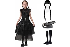 NAKUL Halloween Black Dress Costume for Girls - 4Pack Cosplay Fancy Princess Dress Outfits with Wig Socks Mesh Flare Dress Up Teenager Tutu Dress Birthday Party