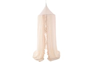 Wonder Space Elegant Kids Bed Canopy - Lace Chiffon Netting with Pom Pom, Princess Girls Fairy Dream Tent, Nursery Room Baby Crib Hanging Curtain Mosquito Net Children Reading Nook Decoration (Beige)