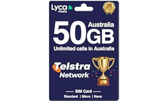 GIFFGISS Lycamobile Australia Prepaid SIM Card - 50 GB Internet Data in 4G/LTE for 28 Days, Unlimited Talk in Australia, Triple Cut 3 in 1 Simcard - Standard Micro Nano