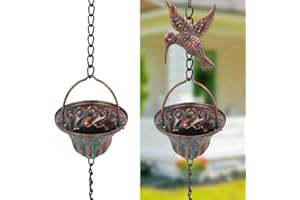 Qipade Rain Chain for Gutters, Vintage Rain Chains with 12 Cups & Detachable Hummingbird Decor, Adjustable Rain Catcher Chain with Bell for Eaves Drainage, Replacement for Downspout