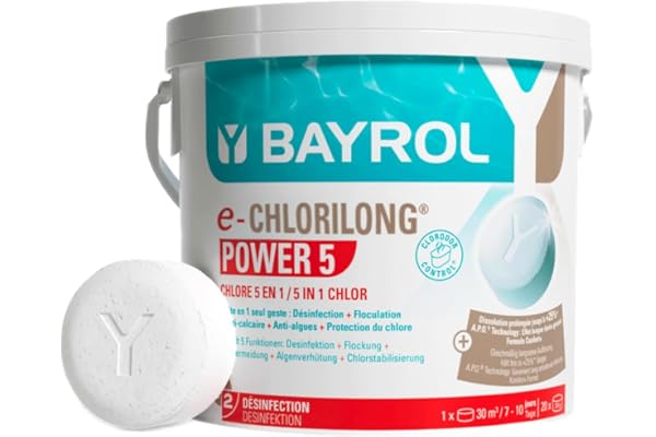 BAYROL e-Chlorilong POWER5 5 kg - Galets de Chlore Multifonction 200 g - Traitement 5 Fonctions en Un Seul Geste - pour Tous Types de filtres - Formule Silk Effect