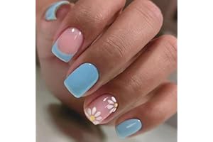 TMUT 24pcs French Tip False Nails Short Blue Stick on Nails Square Press on Nails with Flower Patterns Removable Glue-on Nails Full Cover Fake Nails Women Girls Nail Art Accessories