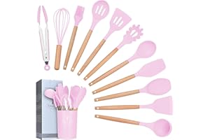 Lychee Utensili Cucina Set,12 Pezzi Set di Utensili da Cucina in Silicone,Resistente al Calore con Manico Legno Antiaderenti da Cucina Strumento di Cottura Termoresistenti (Rosa)
