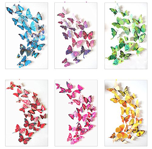 HaimoBurg 72 Stück 3D Effekte Schmetterlinge Wanddeko Wandsticker Aufkleber 12st Blau +12st Lila +12st Grün +12st Gelb +12st Rosa +12st Rot