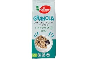 El Granero Integral - Granola con Chocolate y Coco sin Gluten BIO - 350 g - Fuente de Fibra y Nutrientes Esenciales - Mejora la Salud Intestinal - Ideal para el Desayuno - Apto para Veganos