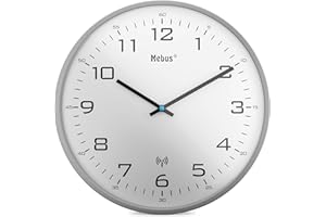 Mebus Radiowy zegar ścienny, 30 cm, bezgłośny, szara rama, biały cyferblat, model 13081 - nowoczesny i cichy, szary