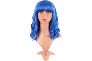 MapofBeauty 14 Pulgada/35 cm Corto Wavy Bob Pelucas Con Flequillo Shoulder Largo Rizo Pelucas Flat Bang Cabello Sintética Fiesta Peluca (Azul)