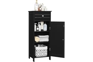 Multigot Bathroom Floor Cabinet, Wood Storage Cupboard with Drawer, Adjustable Shelf & Magnetic Door, Freestanding Toilet Organizer Unit for Bedroom Living Room Entryway(Black,7-Position Adjustable)