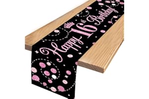 Senken Tischläufer Geburtstag-16. Geburtstag Mädchen,Tischläufer Schwarz Rosa,Sweet 16, Happy Birthday Deko,Geburtstagsdeko,für Mädchen Frauen Geburtstag Party Dekoration 180 x 35cm