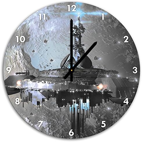 futuristic spaceship Earth B &amp; W detail, wall clock with pointed hands and face decoration items, Designuhr, aluminum composite very nice for living room, study