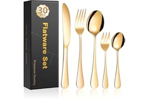 Cinnani Couverts de Table Or pour 6 personnes, 30 pièces Set de Couvert de Table, Ménagère en Acier Inoxydable, Ensemble Couverts de Table avec Couteau Fourchette Cuillère, Lavable au Lave-vaisselle