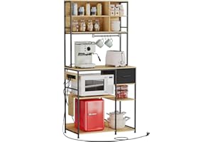 EGGREE Étagère de Cuisine avec Prises Électriques 40 x 80 x 181,6 cm, Rangement Réglable Étagère à Pâtisserie, Tiroir en Tissu, 10 Crochets, Stockage de Cuisine, Texture en Bois - Noir