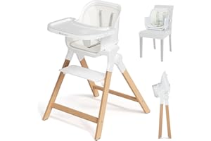 Ezebaby Chaise Haute Bébé Pieds en Bois Pliables Chaise Enfant 4 en 1 Chaise Bébé en Croissance + Coussin à partir de 6 Mois avec Rehausseur Fonction Tabouret de Bar (Blanc)