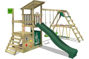 Fatmoose Parque Infantil FruityForest Fun XXL con anexo de Surf, Columpio y tobogán Verde, Torre de Escalada Infantil de Exterior con arenero, Escalera y Accesorios de Juego para el jardín