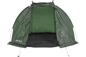 Matt Hayes - DAY SHELTER Fishing Bivvy 190T Polyester Fabric Dark Green with PVC Viewing Panels - Suitable for Light Showers Only (135cm x 220cm x 120cm) Groundsheet, Poles Pegs & Carry Bag [99-8030]